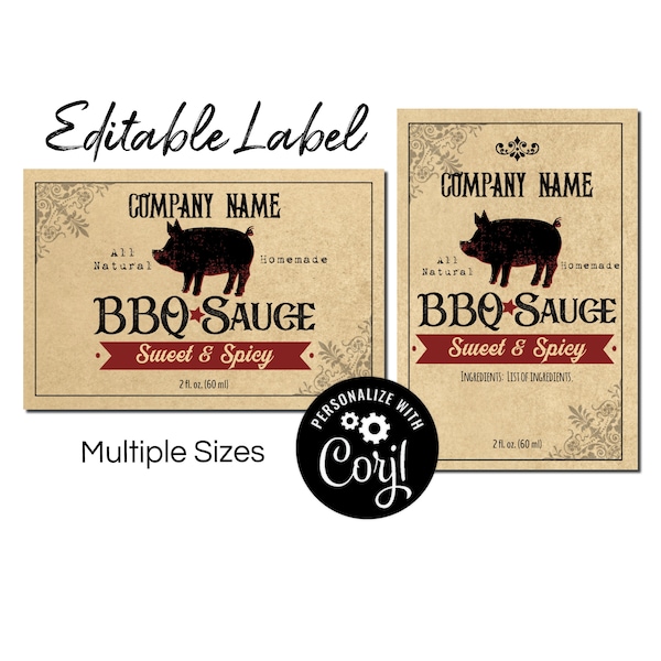 BBQ Sauce Label with Pig. Label Template. 2x3" Sticker Labels for Jars, Bottles, Homemade BBQ Sauce BBQ Rub. Personalize, Download & Print.