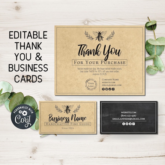 Thank You Order Insert Card and Business Card Template Set. Clean & Simple Kraft, Chalkboard Honey Bee Design. Edit Online, Download, Print.