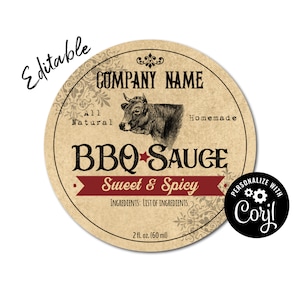 BBQ Sauce Etikettenvorlage. Runde Rinder Aufkleber Etiketten für Gläser, Flaschen, selbstgemachte BBQ Sauce, Talg. Online personalisieren, Download & Druck.