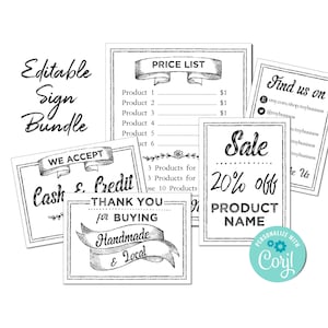 Editable Sign Bundle. Small Business Price Sign for Farmer&#39;s Market, Arts Show, Craft Fair, Restaurant, Salon. Edit Online, Download & Print