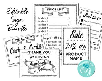 Editable Sign Bundle. Small Business Price Sign for Farmer's Market, Arts Show, Craft Fair, Restaurant, Salon. Edit Online, Download & Print