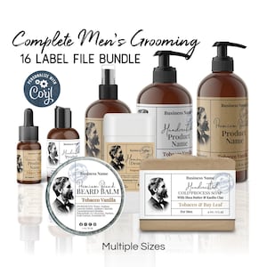 May include: A collection of men's grooming products, including beard balm, soap, and lotions, with labels featuring a vintage portrait. The products are in various sizes and shapes, with the text "Complete Men's Grooming" and "16 Label File Bundle".