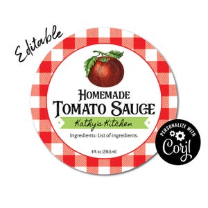 Tomato, Pizza, Spaghetti Sauce Label, Editable Label Template, Custom Digital Product Sticker. Download & Print. Round Labels for Mason Jars
