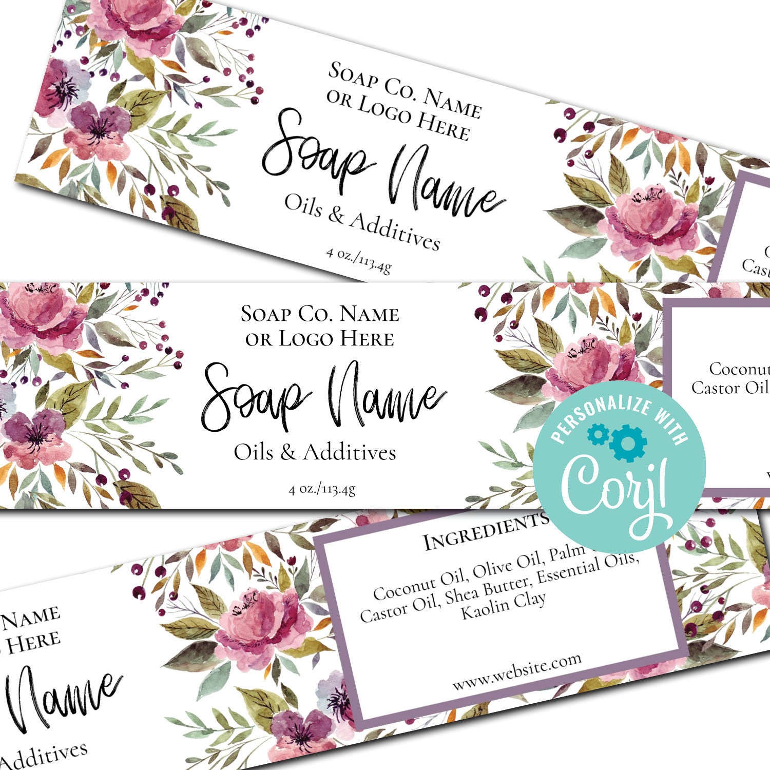 Floral Watercolor Soap Label Template. Printable Wrap Around - Etsy
