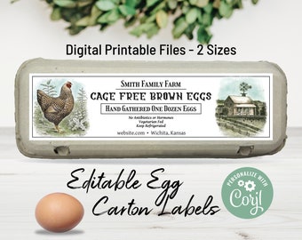 Editable Egg Carton Label. Digital Egg Carton Template. Custom Vintage Farm Egg DIY Sticker Label. Personalize Online, Download & Print.