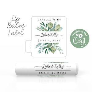Modèle d&#39;étiquette de baume à lèvres verdure mariage luxuriant.  Étiquette de baume à lèvres de mariage. Étiquette de baume à lèvres Shower Favor. Personnalisez en ligne, téléchargez et imprimez.
