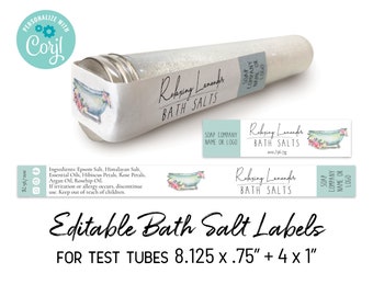 Editable Bath Salt Label Template, Watercolor Bathtub. Printable Labels for Test Tubes. Personalize Label Design Online. Download & Print.