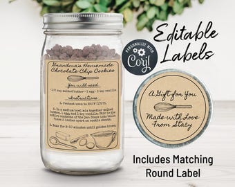 Einmachglas Cookie Mix Label. Bearbeitbarer Schokoladenkeks, Brownie, Weihnachtskeks-Einmachglasetikett. Online anpassen, herunterladen & drucken.