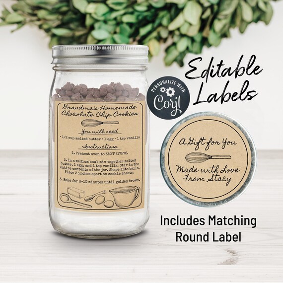 Mason Jar Cookie Mix Label. Editable Chocolate Chip Cookie, Brownie, Christmas Cookie Mason Jar Label. Customize Online, Download & Print.