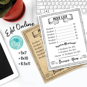 Editable Price List. Printable Business Store Price Sign for Retail, Farmer's Market, Arts & Crafts Shows, Menus. Customize Online Download.