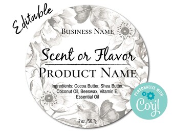 Editable Circle Label Template. Printable Round Engraved Flowers Label Sticker. Customize Online, Download & Print. Labels for Jars, Candles