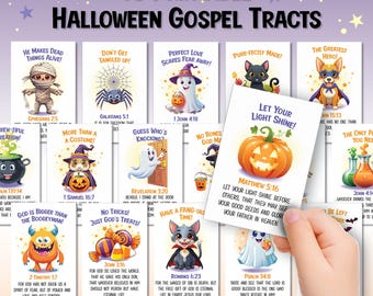 Halloween Gospel Tracts for Trick-or-Treaters. 16 Printable Halloween Bible Verse Tracts for Kids. Printable PDF file.