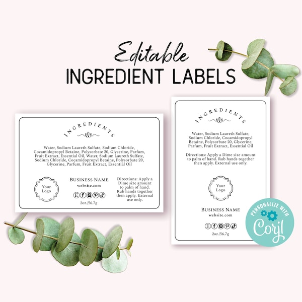 Ingredient Label Template, Custom Product Packaging Sticker. Personalize, Download & Print. Back Label for Jars, Candles, Food, Bakery.