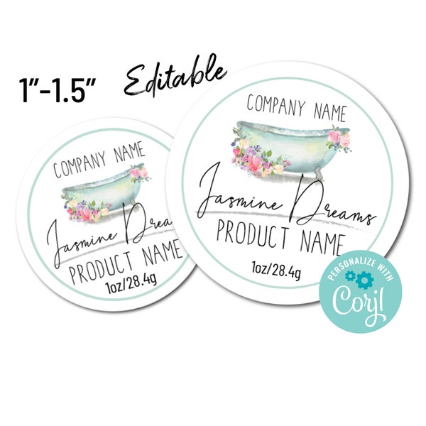 Mini 1"-1.5" Watercolor Bathtub Editable Round Product Label Template. Customize Online. Download Print. For Small Jars, Bottles, Bath Bombs