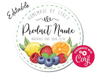 Fruit & Berries Editable Jam Jelly Label. Strawberry, Blueberry, Orange, Lemon, Raspberry. Edit Online. Print Labels for Mason Jars, Canning