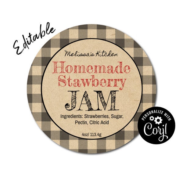 Jam Label Printable for Mason Jars, Homemade Jelly Product, Country Check Kraft Paper. Edit Sticker Label Template Online, Download & Print.