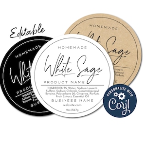 Editable Circle Label Template, Custom Digital Product Sticker Template. Personalize, Download & Print. Round Labels for Jars, Candles.