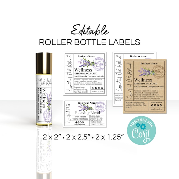 Essential Oil & Perfume Roller Bottle Label Template, Garden Stamp. Lavender Printable Atomizer Spray Bottle Editable Label Stickers.