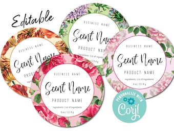 Editable Circle Label Template, Custom Floral Digital Product Sticker Template. Personalize, Download & Print. Round Label for Jars, Candles