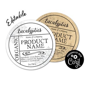 Plantilla de etiqueta circular editable, plantilla de calcomanía digital personalizada para productos de boticario. Edita, descarga e imprime. Etiquetas redondas para frascos y velas.