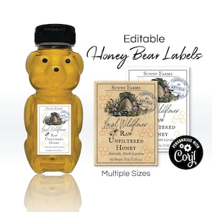 Vintage Honey Bear Label Template. Bee Labels for Honey Bear Containers, Jars, Pots. Custom Wedding Honey Label. Edit, Download & Print.