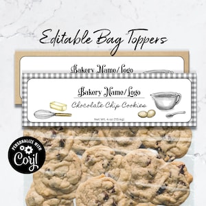 Editable Baking Bag Topper Label. Cottage Law Bakery Label, Chocolate Chip Cookie, Brownie, Bag Label. Personalize Online. Download & Print.