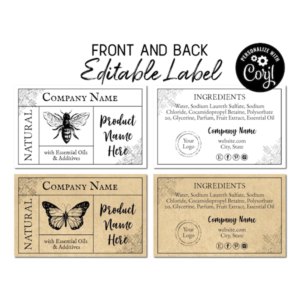 Small Jar Label, Front & Back Editable Label Template, Apothecary Bee and Butterfly Design. Edit Online Digital Print. Labels for Jars, Soap