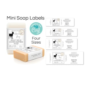 May include: Image of mini soap labels with the text "Mini Soap Labels". The labels feature a goat silhouette and the words "Oatmeal and Honey" and "Goat Milk Handcrafted Soap". The labels are available in four sizes.