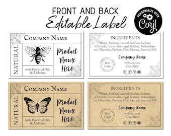 Ingredient Label Template, Front & Back Product Labels. Edit, Download, Print. Apothecary Honey Bee and Butterfly Labels for Jars, Soap.