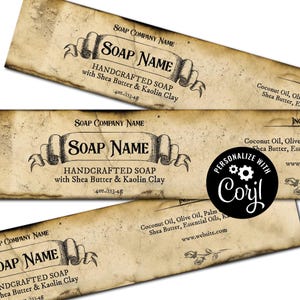 Modèle d'étiquette de savon en papier ancien. Emballage imprimable enveloppant, anneau de cigare pour savon. Personnalisez, personnalisez en ligne. Téléchargez et imprimez.