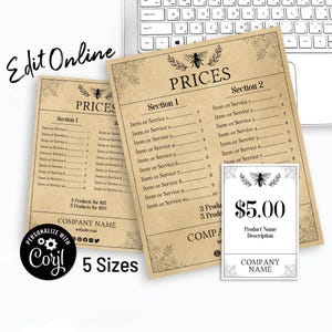 Bee Editable Business Price List. Printable Store Price Sign for Retail, Farmer's Market, Arts & Crafts Show Signs, Menus. Apothecary Design