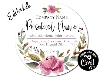 Floral Watercolor Wreath Round Label. Edit Product Label Template Online. Download & Print. Labels for Jars, Candles, Soap, Favors, Sticker.