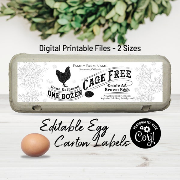 Editable Egg Carton Label. Digital Egg Carton Template. Custom Vintage Farm Hen Egg DIY Sticker Label. Personalize Online, Download & Print.