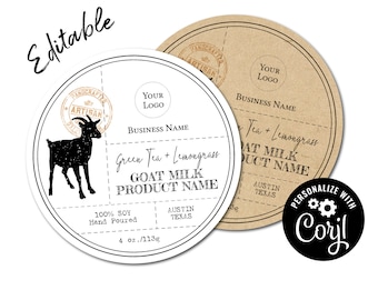 Goat Milk Editable Circle Label Template, Custom Digital Product Sticker Template. Personalize, Download & Print. Round Labels for Jars DS07