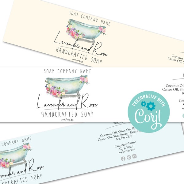 Soap Labels - Floral Bathtub. Editable Soap Template. Printable Custom Wrap Around Label. Personalize w/ Corjl Online, Download and Print.