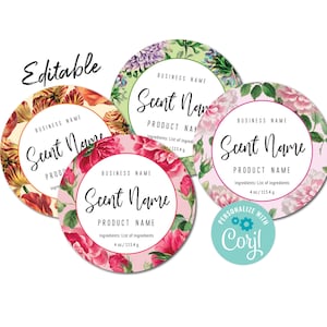 Editable Circle Label Template, Custom Floral Digital Product Sticker Template. Personalize, Download & Print. Round Label for Jars, Candles