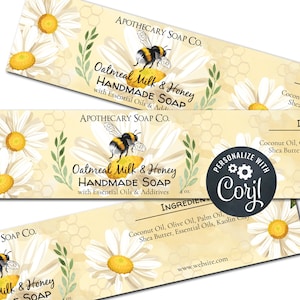 Modello di etichetta per sapone Bumblebee. Etichette avvolgenti stampabili. Confezionamento cosmetico modificabile. Barretta di miele fatta in casa, personalizzabile, scaricabile e stampabile.