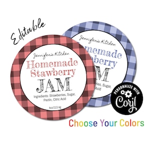 Jam Label Printable for Mason Jars, Homemade BBQ, Jam, Jelly, Canning Label, Country Check Round Sticker Labels. Edit Online, Download Print