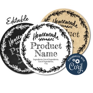 Round Homemade Label. Customizable Packaging Design for Candles, Soap, Bags, Mason Jars, Stickers. Editable Product Template, Download Print