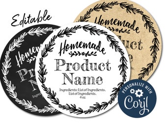 Round Homemade Label. Customizable Packaging Design for Candles, Soap, Bags, Mason Jars, Stickers. Editable Product Template, Download Print