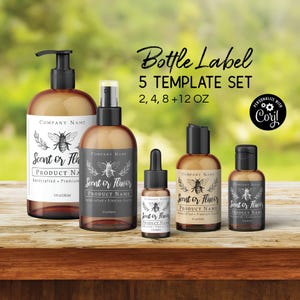 Modèle d'étiquette de bouteille 2, 4, 8, 12 oz Modifiez, téléchargez, imprimez. Étiquettes enveloppantes simples et propres Honey Bee pour pots de cosmétiques, bouteilles ambrées.