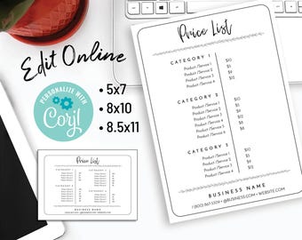 Bearbeitbare Preisliste für Unternehmen. Druckbare Preisschilder für Einzelhandel, Wochenmärkte, Kunsthandwerksmessen und Speisekarten. Online anpassen.