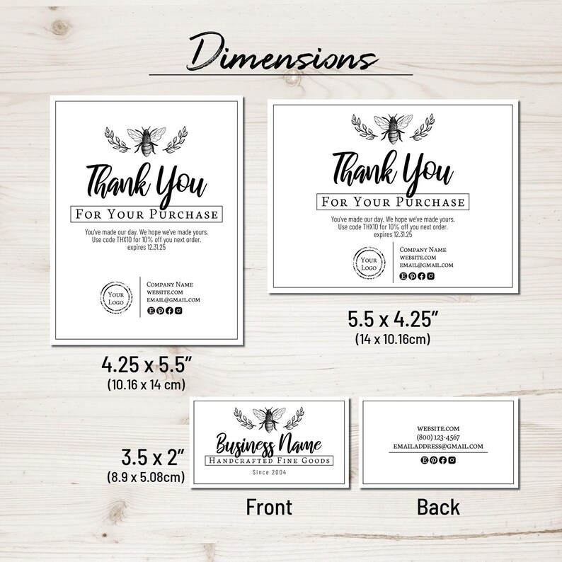Thank You Order Insert Card and Business Card Template Set. Clean & Simple Kraft, Chalkboard Honey Bee Design. Edit Online, Download, Print. image 4