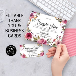Bearbeitbar für kleine Unternehmen Dankeskarten + Visitenkarte Vorlage. Druckbare danke für Ihre Bestellung, Kauf Einsätze, Aquarell Blumen.