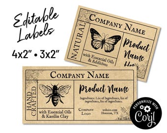 Custom Product Label Template, Apothecary Bee & Butterfly. 4x2&quot; + 3x2&quot; Edit Online, Download. DIY Packaging for Jars, Bottles, Bags, Candles