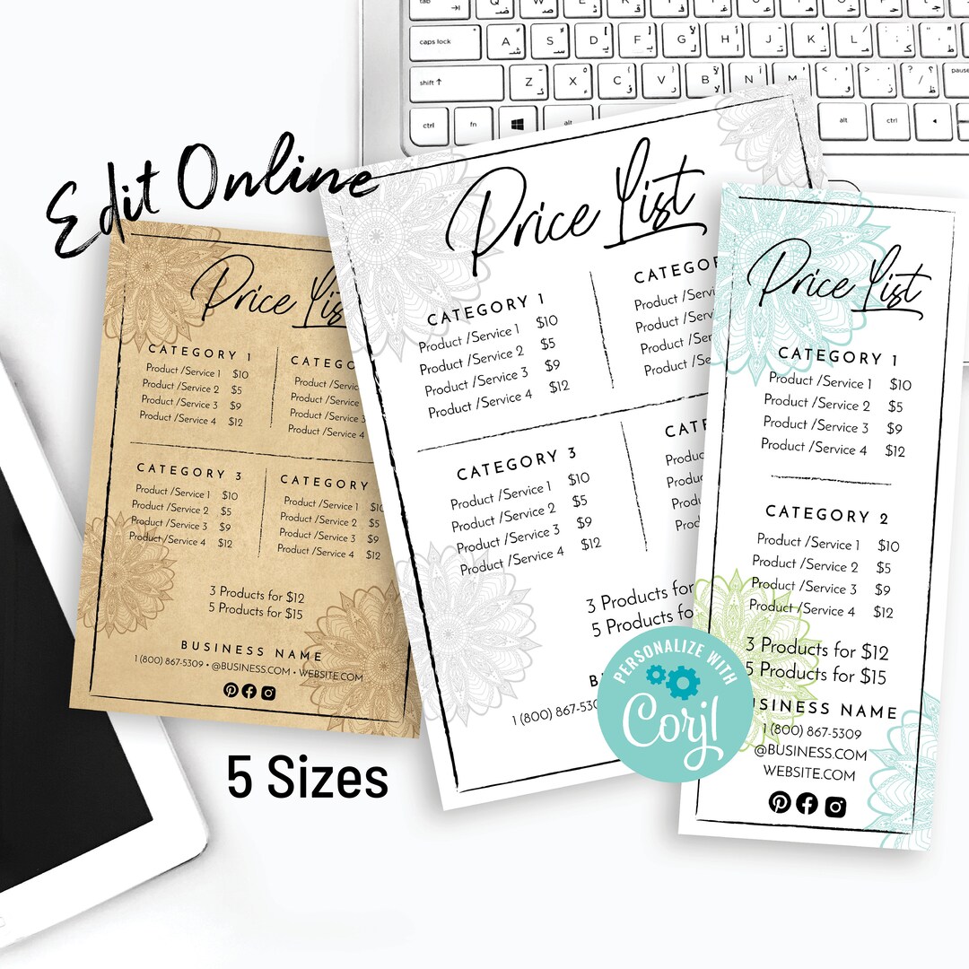 Editable Business Price List. Printable Store Price Sign for Retail ...