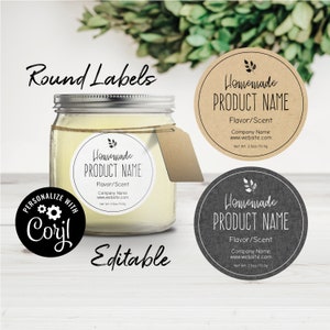 Runde Etikettenvorlage. Natürliches und anspruchsvolles Design für individuelle hausgemachte Produktetiketten. Zutaten Etiketten für Gläser. Bearbeiten + Herunterladen + Drucken.