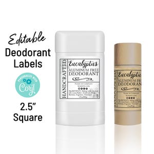 Modèle d'étiquette de déodorant d'apothicaire, tube de lotion, étiquette de produit carrée de 2,5 po. Modifiez, téléchargez et imprimez. Emballage de déodorant en tube kraft.