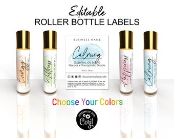 Essential Oil Roller Bottle Label Template, 10ml Roller, Spray Bottle Label, Edit Online. DIY Printable Glass Bottle Editable Sticker Labels