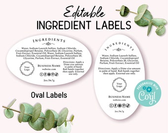 Oval Ingredient Label Template, Custom Product Packaging Sticker. Personalize, Download & Print. Back Label for Jars, Candles, Food, Bakery.